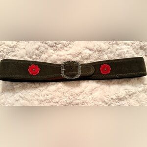Vintage Art Deco Handmade Green Suede Belt w/Red Suede Flowers. Made in Germany.